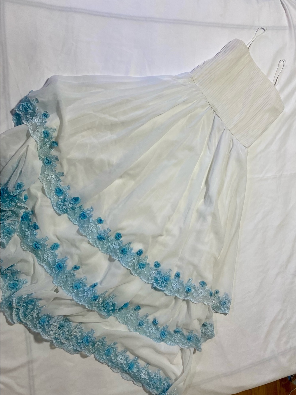 White Maxi Dress with Light Blue Floral Lace Trim